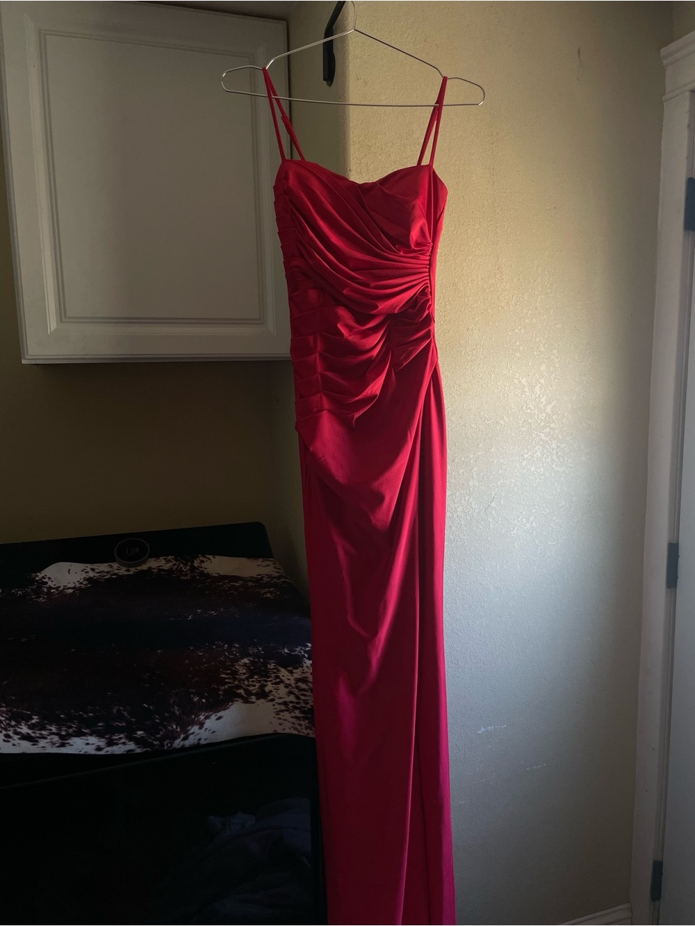 B Darlin Red Ruched Maxi Dress with Spaghetti Straps